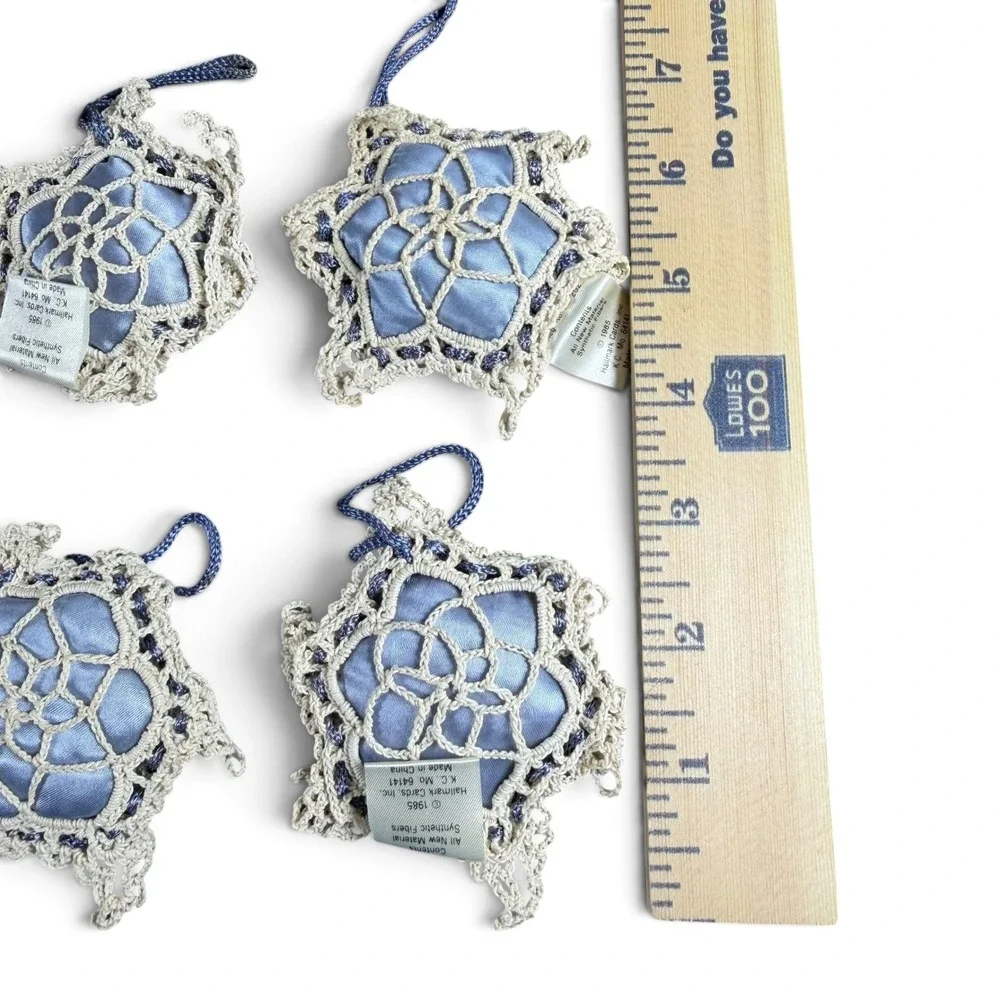 Vintage 1985 Hallmark Snowflake Ornaments Set 4 Crochet Lace Blue Satin